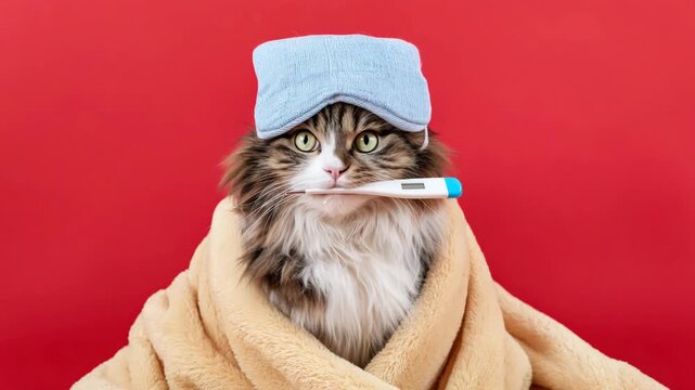 Static shot of fluffy cat holding thermometer in mouth wearing cold pack on head wrapped in blanket against red studio background