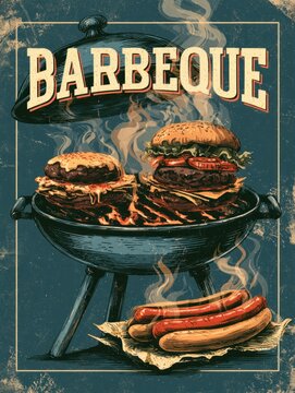 Barbecue grilled burgers and hot dogs sizzling
