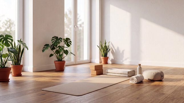 Minimalist yoga and meditation space in bright room