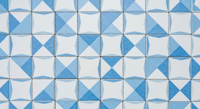 A top view of elegant geometric ceramic tiles in soft blue and white tones arranged in a seamless repeating pattern for interior decor, architectural, background, artisanal