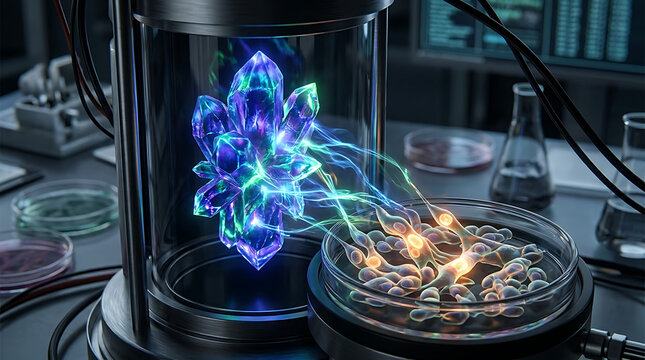 Futuristic Sci-Fi Laboratory Scene with Glowing Crystal Transferring Energy to Cells