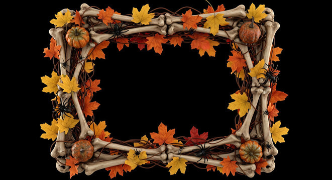 Skeletal frame with autumn leaves and miniature pumpkins against a black background skeleton bones