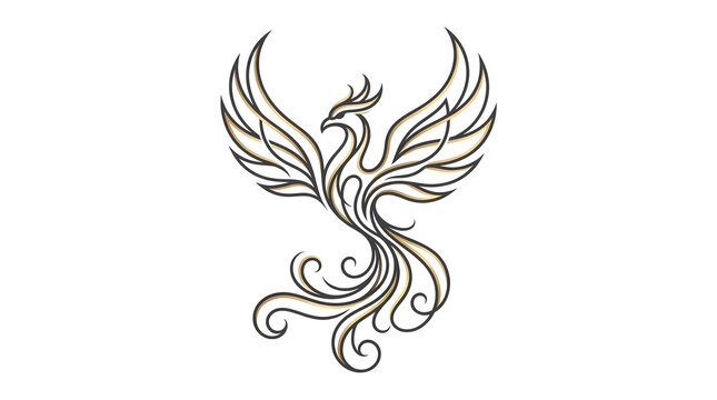 Elegant phoenix bird in gold and black line art vector illustration, majestic firebird logo design isolated on white background