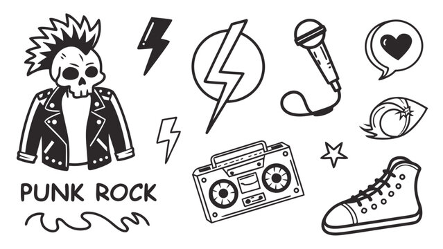 Vector illustration punk rock music theme elements and doodles