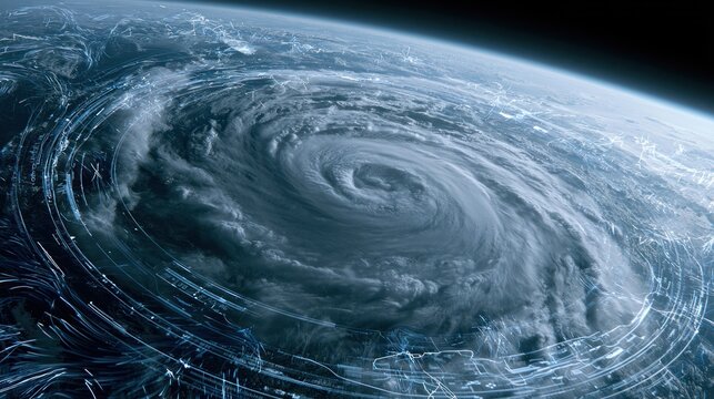 Hurricane over earth from space with glowing lines