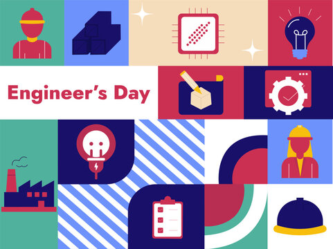 World Engineer Day flat geometric icons with abstract trendy minimal colorful background design vector illustration.