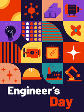 World Engineer Day flat geometric icons with abstract trendy minimal colorful background design vector illustration.