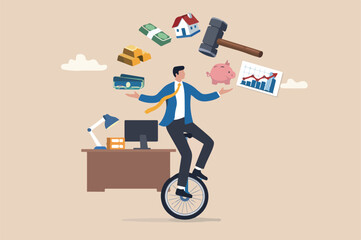 Financial advisor investment expertise concept smart businessman investor juggling finance asset, real estate, currency, saving Big Hammer and stock market graph riding unicycle one wheel © Parul