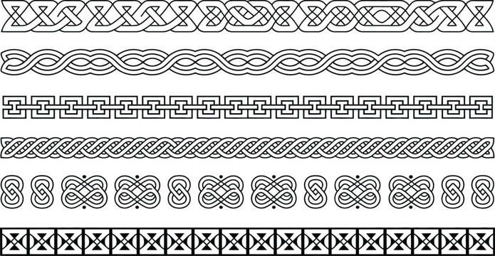 Celtic borders and seamless knot vector patterns with black line traditional ornaments and geometric elements on white background.