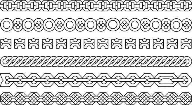 Celtic borders and seamless chain knot vector patterns with black line traditional ornaments and geometric dividers on white background.