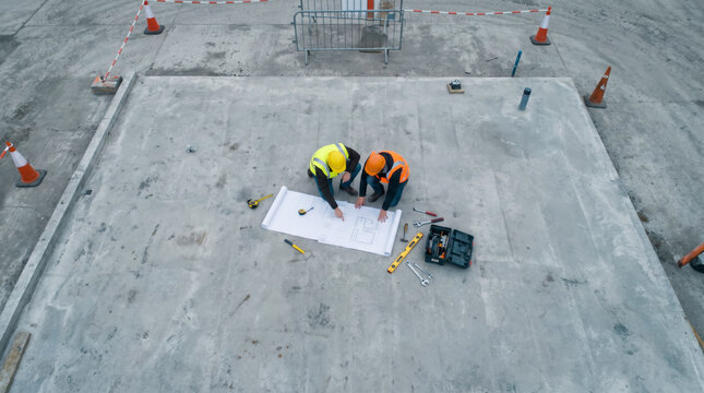 Two focused engineers reviewing blueprints on a concrete rooftop seen from above
