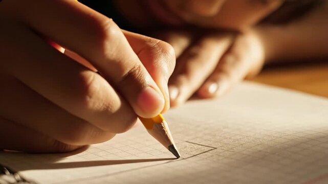 Student draws a geometric shape on graph paper with a pencil. Close up of a child hand sketching lines in a notebook. Academic task and school education process