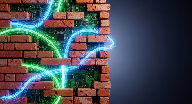 Intricate masonry where clay bricks merge with circuit boards and glowing data streams, symbolizing the building of modern digital worlds, infrastructure, network, structure