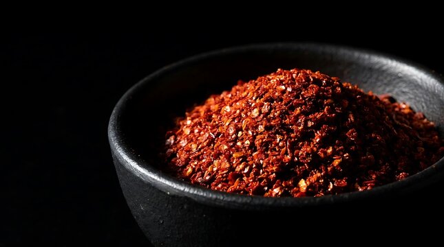 Red chili flakes and ground spices inside a small black bowl on a dark surface for cooking delicious food and adding spicy flavor to meals. korean chili flakes