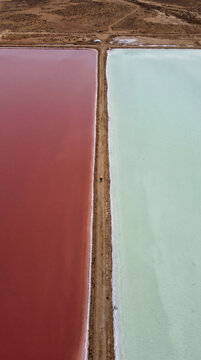 Aerial abstraction of pink and green salt ponds split by a narrow earthen dike