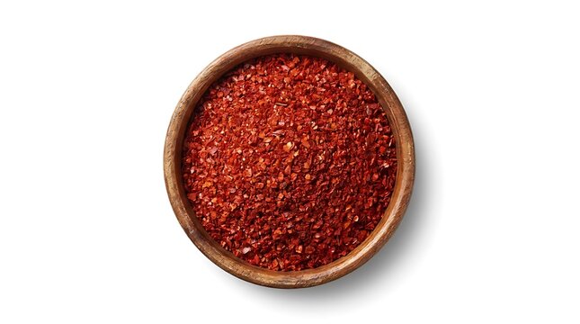 Red chili pepper flakes and black peppercorns mixed together in a small wooden bowl viewed from above for cooking and seasoning food in the kitchen. korean chili flakes