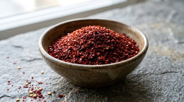 A bowl filled with dark red dried berries and seeds sitting on a textured grey stone surface in natural light for a healthy food photography shotkorean chili flakes. korean chili flakes