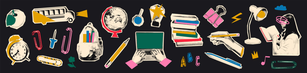 Naklejka na ściany i meble Back to school halftone collage elements set with fun doodles. Stack of books, paper clips, human hands and reading student. Trendy stickers for scrapbook Pop art zine vector illustration isolated