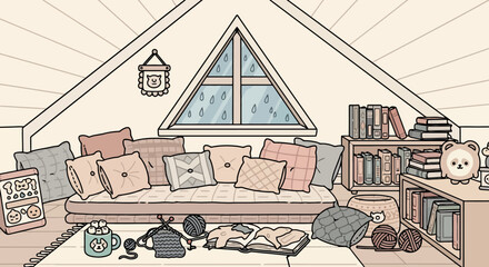 Cozy attic room with a comfortable daybed and many pillows. © makneyono96