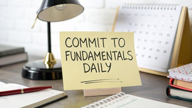 Motivational Sticky Note on Desk Reminding to Commit to Fundamentals Daily in a Modern Workspace Setting