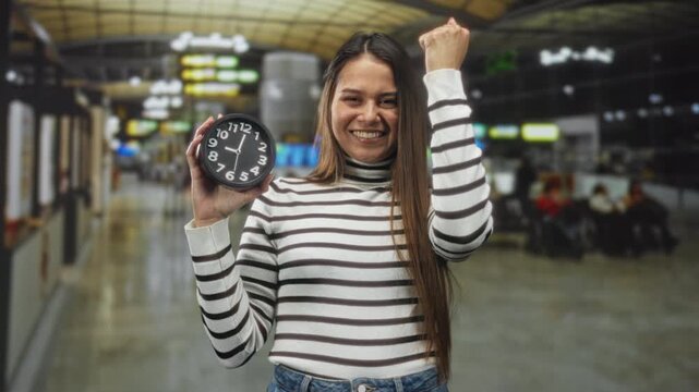 Woman smiling holds clock in hand with raised fist in airport terminal, brunette wearing striped turtleneck shows 10,10 near departure seating and signage; celebration punctuality success.