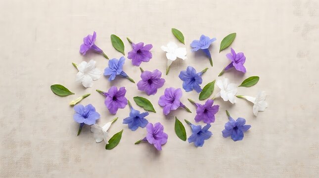 A flat lay arrangement of vibrant purple and white dwarf mexican petunia flowers and fresh green leaves scattered on a textured light beige background