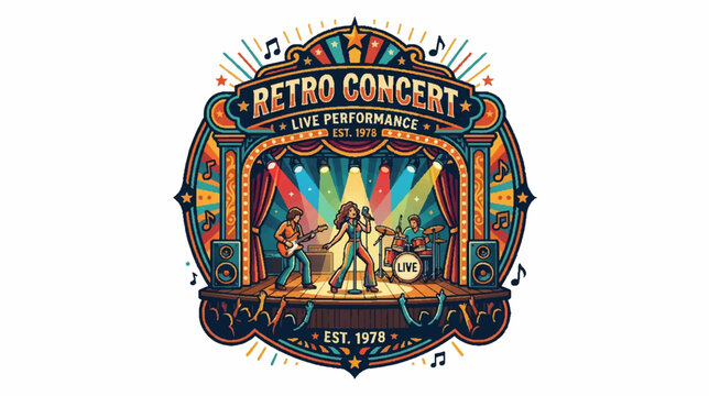 Retro Concert Live Performance Stage with Band Est. 1978 Vintage Style Art