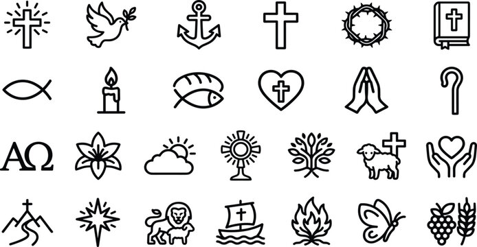 Christian Faith and Biblical Religion Line Icon Set Featuring Cross Holy Bible Praying Hands Dove Monstrance Lamb Bread Fish and Spiritual Church Worship Symbols