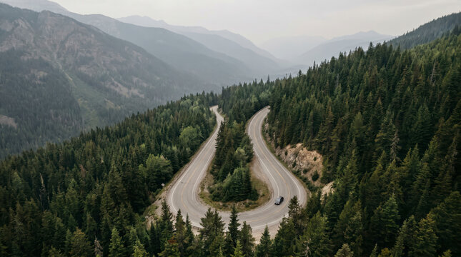 Aerial view of a car driving a winding mountain road through pine covered slopes