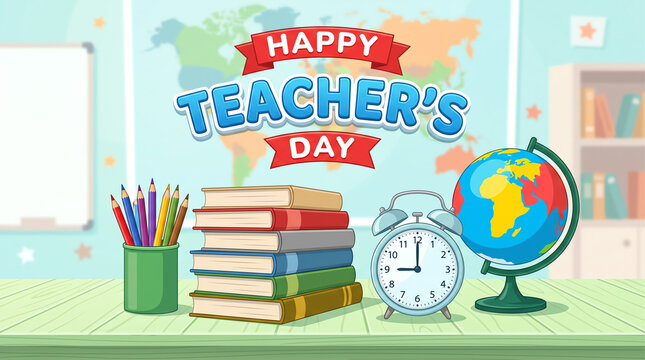 Happy teacher's day classroom desk with books globe clock
