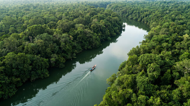 Aerial view of a small boat cruising a calm river winding through rainforest