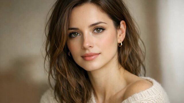 A close-up portrait of a woman with soft lighting and gentle expression. She is wearing casual attire and has light hair. Her gaze is engaging and her smile exudes warmth.