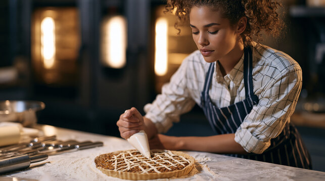 A curly haired pastry apprentice in a professional bakery carefully pipes intricate lattice decoration onto a harvest tart at 5am, industrial ovens glowing behind her, flour