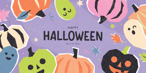Fototapeta premium Halloween holiday banner with cute pumpkins, ghosts and autumn leaves on purple background. Vector illustration in flat paper cut style with grainy texture, ideal for autumn seasonal design.