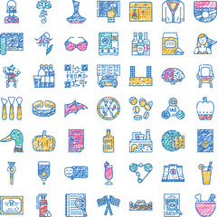 Fototapeta premium Collection of diverse hand drawn color icons featuring objects, concepts, and symbols from daily life, entertainment, industry, and nature, isolated on a white background