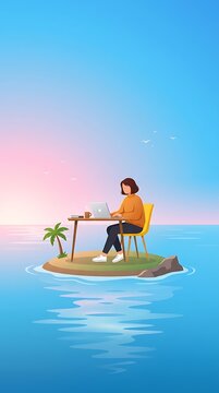 Digital nomad working on laptop at tropical island, remote work concept on tiny desert island, freelance woman working outdoors in ocean