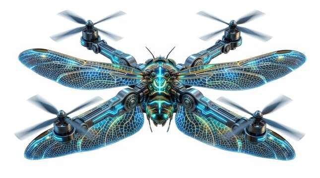 Drone in a futuristic cicada insect design flying isolated on transparent background, isolated on white background