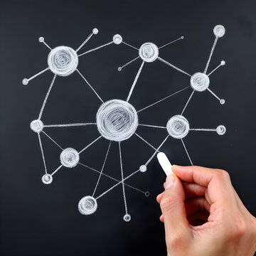 A hand holding a piece of white chalk is drawing a network of interconnected circles and lines on a dark