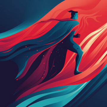 Dynamic runner with flowing cape in vibrant abstract motion