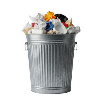 Gray trash bin overflowing with garbage