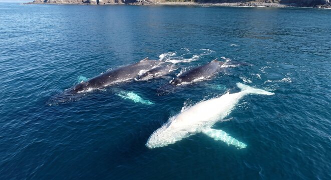 An aerial drone view showing two massive whales swimming close to each other in clear deep blue ocean water with one displaying a bright white underbelly