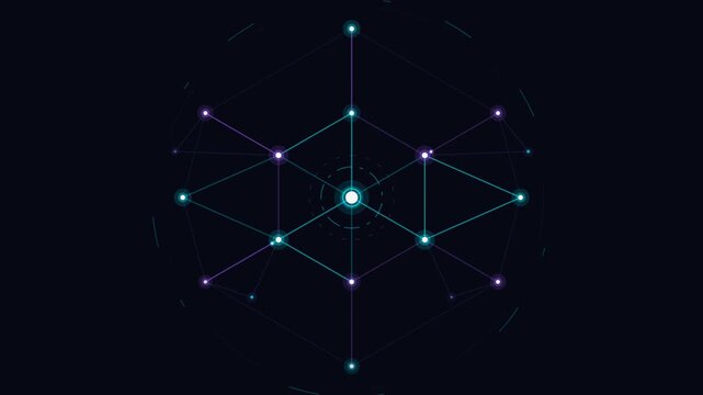 Animated network nodes form glowing lattice in motion.