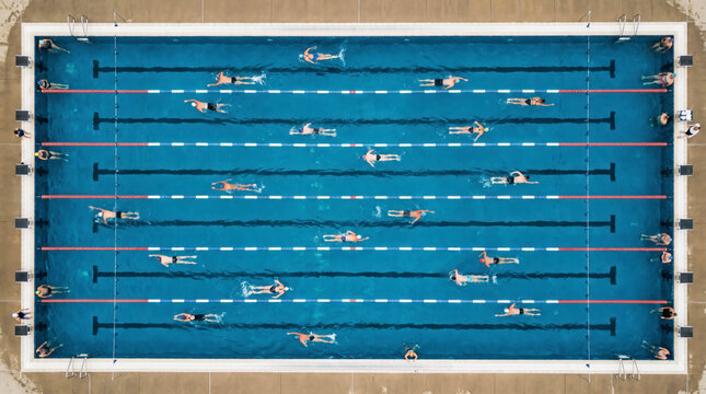 Overhead view of swimmers exercising in the lanes of a rectangular lap pool