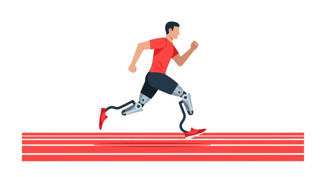 Male Athlete with Prosthetic Legs Sprinting on Running Track. Amputee Runner Illustration Representing Inclusivity, Strength, and Determination in Parasports.