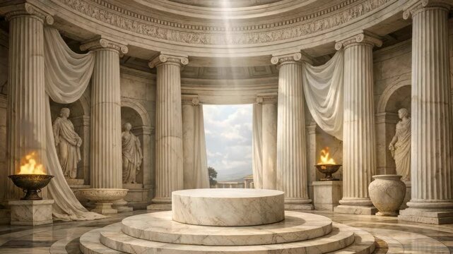 Intricate marble architecture with high ceilings and sunlight streaming through windows.