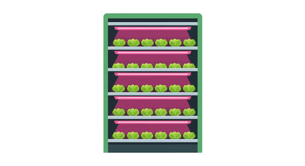 Naklejka premium Indoor Vertical Farming Illustration of Lettuce Growing Under LED Grow Lights for Sustainable Agriculture and Urban Gardening Technology