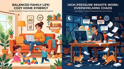 Plakat Remote work, home office, family life, work-life balance, illustration, contrast, productivity, chaos