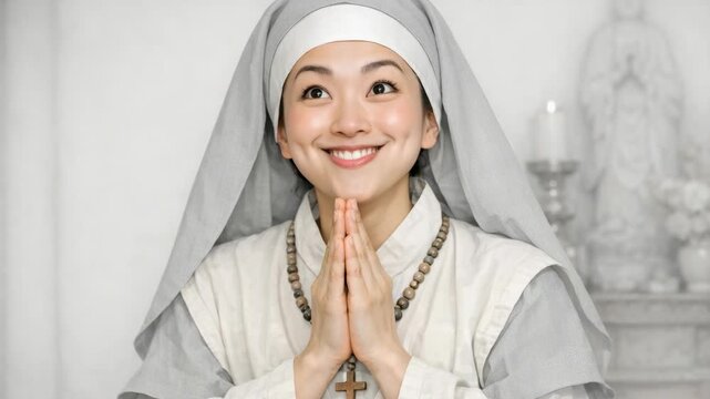 A young nun with a joyful expression prays with her hands clasped together. She wears traditional religious attire and has a necklace with a cross around her neck.