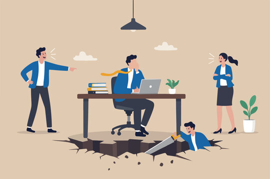 Toxic office, jealousy colleagues, office abuse or bullying, betrayal or threats, failure comfort zone or work problem concept, businessman getting chill on his desk being sawing floor broken down