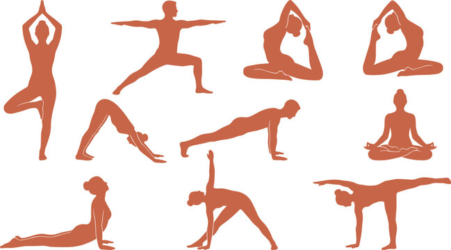 Yoga Poses Silhouette Vector Icon Set Featuring Male and Female Athletes Practicing Asanas Meditation and Fitness Exercises for Wellness Graphic Designs (23 words)